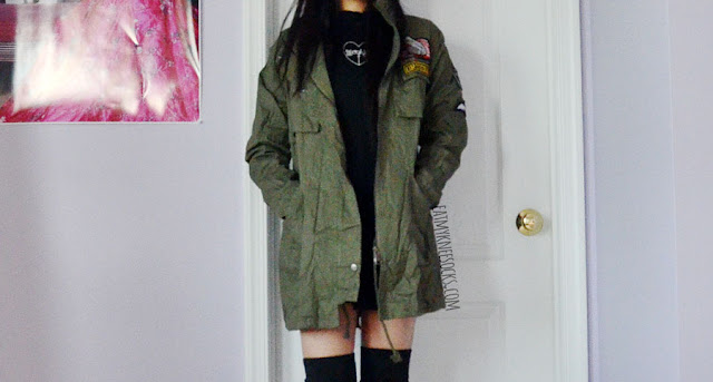 Romwe Fashion Review: Autumn Coats, LBDs + More! Army-green miltary-style patch embroidered oversized jacket coat from Romwe