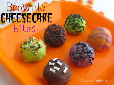 Brownie Cheesecake Bites are brownie balls with a cheesecake center that are covered in chocolate candy coating and sprinkles. Life-in-the-Lofthouse.com