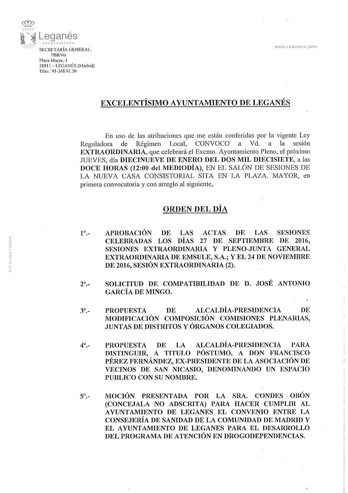 orden del d 237 a del pleno de legan 233 s jueves 19 de enero orden del dia