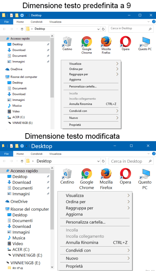 Windows 10 dimensione testo default e modificata