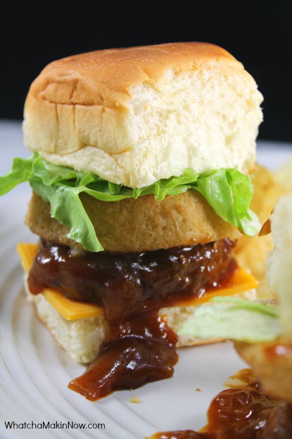 Whiskey BBQ Sliders - Quick and easy meal! Burgers, BBQ sauce, Whiskey served on slider bun with an onion ring