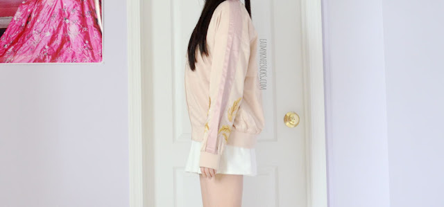 Zaful Fashion Review: Butterfly Halter, Off-Shoulder Crop Top + Floral Souvenir Jacket Details on the rose gold silky satin embroidered floral souvenir bomber jacket from Zaful.