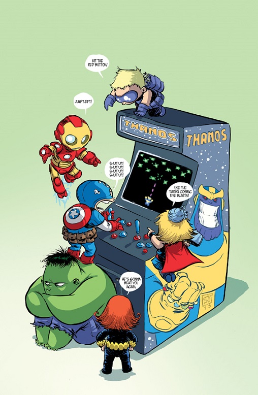Fun art shows the young Avengers playing a Thanos arcade game!