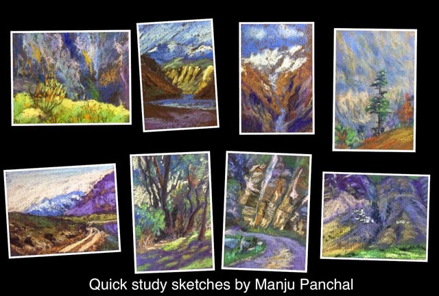 Thumbnail sketches or quick study sketches of places in SPITI valley in Himachal pradesh by Manju Panchal