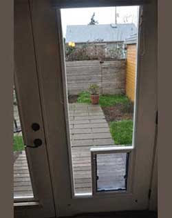 A pet door installed in a glass patio door