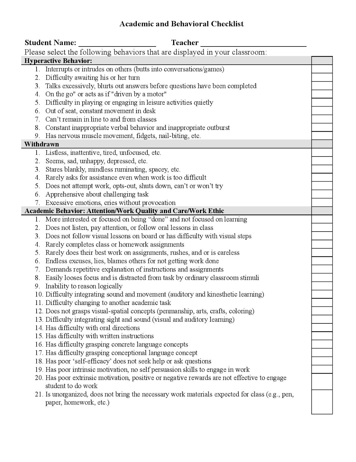 Reading Sage Academic Behavior Checklist (PDF and doc)