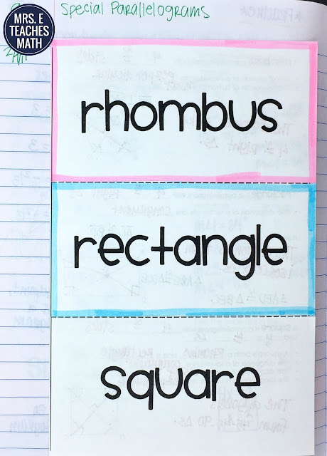 rhombus, rectangle, and square foldable for geometry interactive notebooks