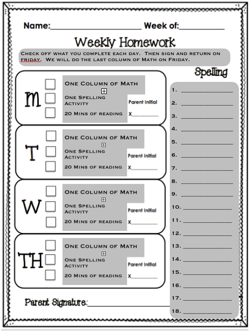 weekly homework packets for kindergarten