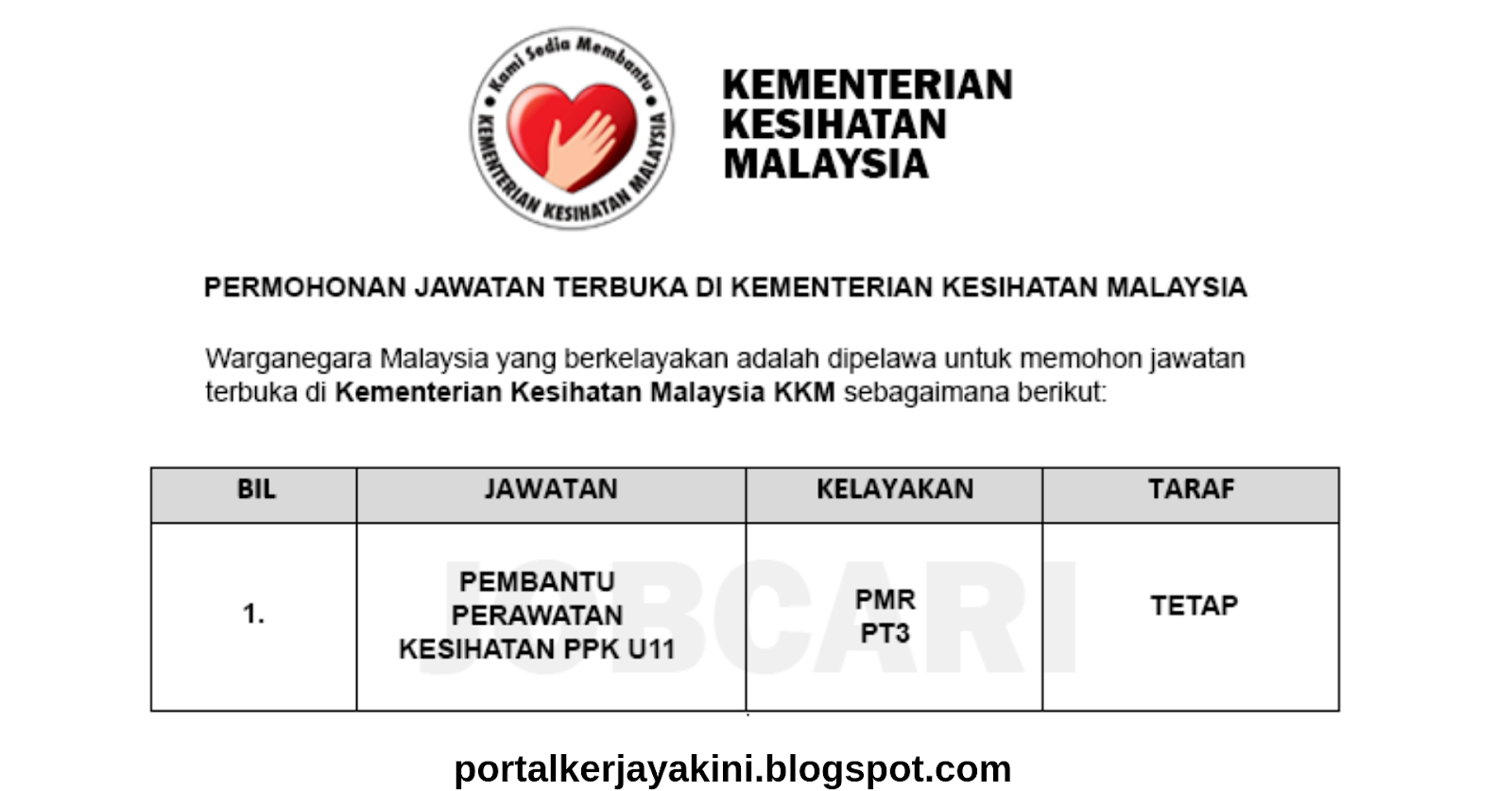 Pengambilan Jawatan Kosong Sebagai Pembantu Perawatan Kesihatan U11 Di Kkm Sesi 2019 Malaysia Kerjaya