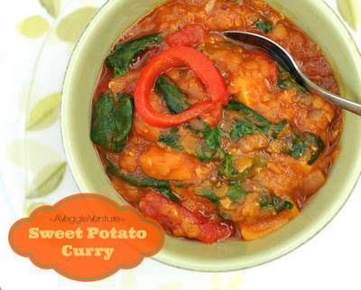 Sweet Potato Curry with Red Lentils, Roasted Peppers & Spinach