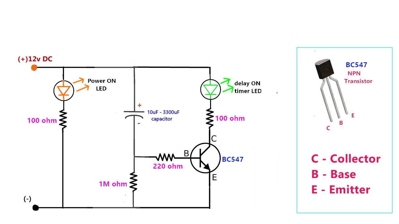ON Time delay timer by using One NPN Transistor and Capacitor