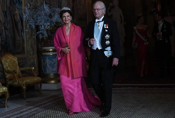 Princess Sofia is wearing a gown by Swedish designer Valerie Aflalo. Crown Princess Victoria wore a red gown