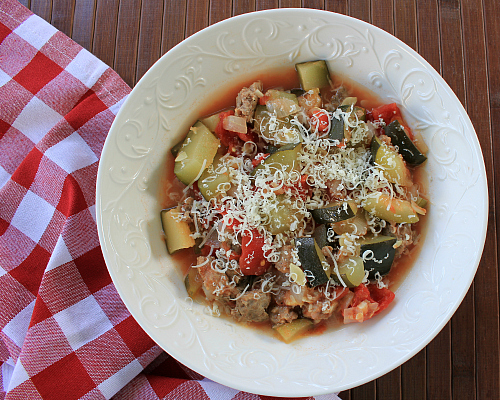 love, laurie: one pot sausage, zucchini, tomato, and onion dinner