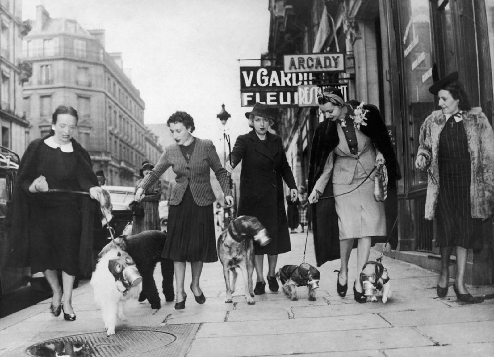 Parisians walk their gas mask-equipped dogs. 1939.