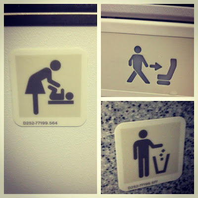 Three human icon signs, one for diaper changing with a skirted figure, two with no skirt for sit in chair and throw away trash