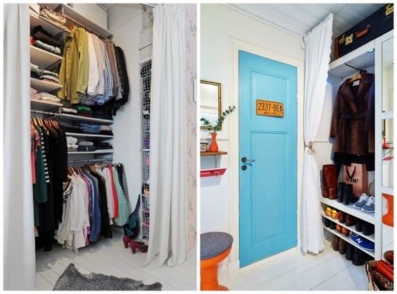 niebieskie drzwi, przedpokój w stylu skandynawskim, biała podłoga, blue door