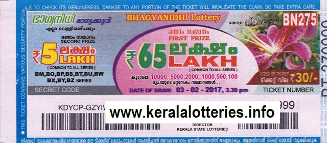 Live Kerala lottery result Bhagyanidhi (BN-276) Kerala lottery result live of Bhagyanidhi (BN-276) on 10.02.2017