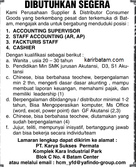 Lowongan Kerja Pt Karya Sukses Permata Lowongan Kerja Batam 2021