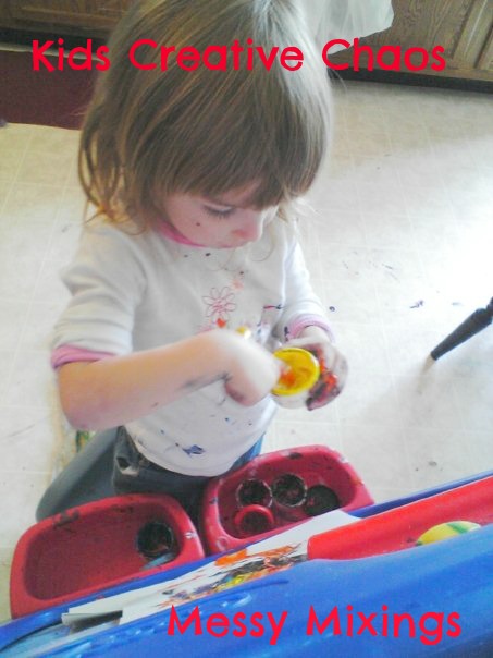 Mixing paint is great for fine motor skills and sensory learning.