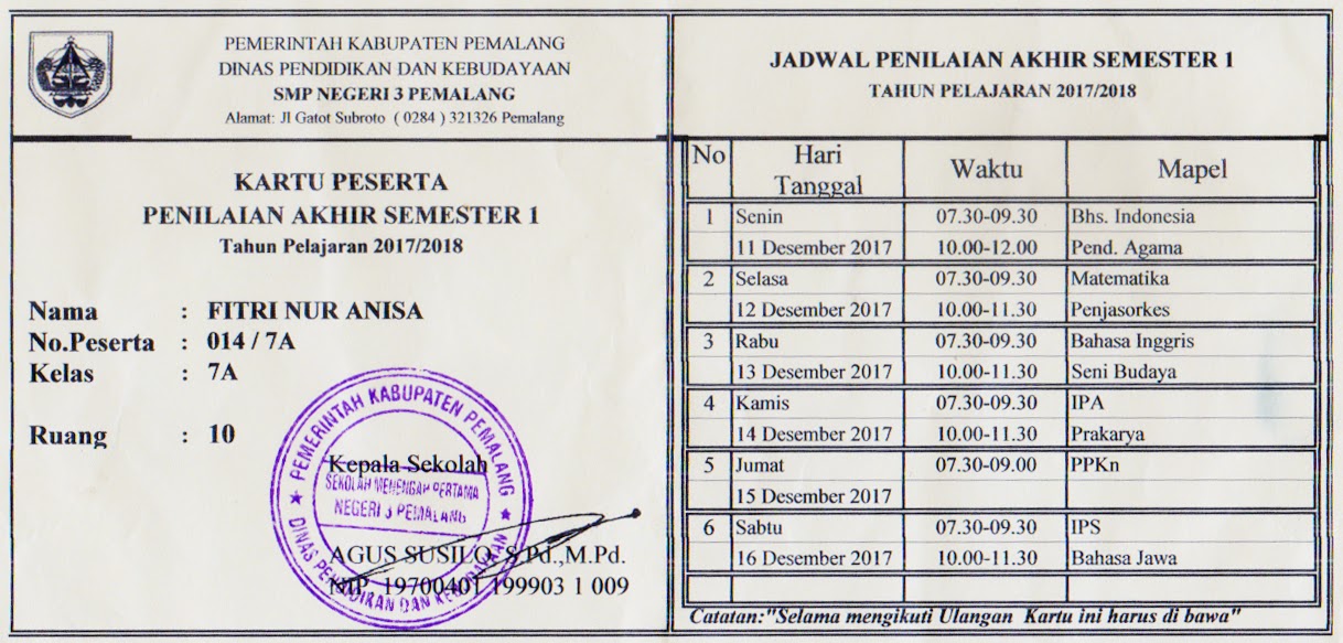 Contoh Kartu Peserta Penilaian Akhir Semester - Guru Paud