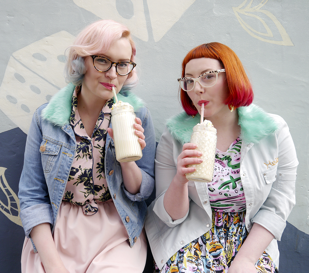 Celebrating 3 years of Wardrobe Conversations with milkshakes blog birthday, blogging duo, Edinburgh bloggers, Scottish bloggers, blogger style, Edinburgh street style, colourful style, clashing prints, pink hair, dip dye, red hair, ginger, girls who wear glasses, Monki style, customised denim jackets, milkshakes, Rollershakes, Hawaiian shirts, faux fur, ice cream cone graffiti, Edinburgh street art, colourful wall art, milkshakes, drinking milkshakes, milkshake recipes