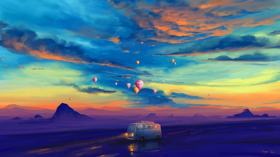 Colorful, Scenery, Van, Hot Air Balloon, Illustration, Digital Art, 4K, #4.1997