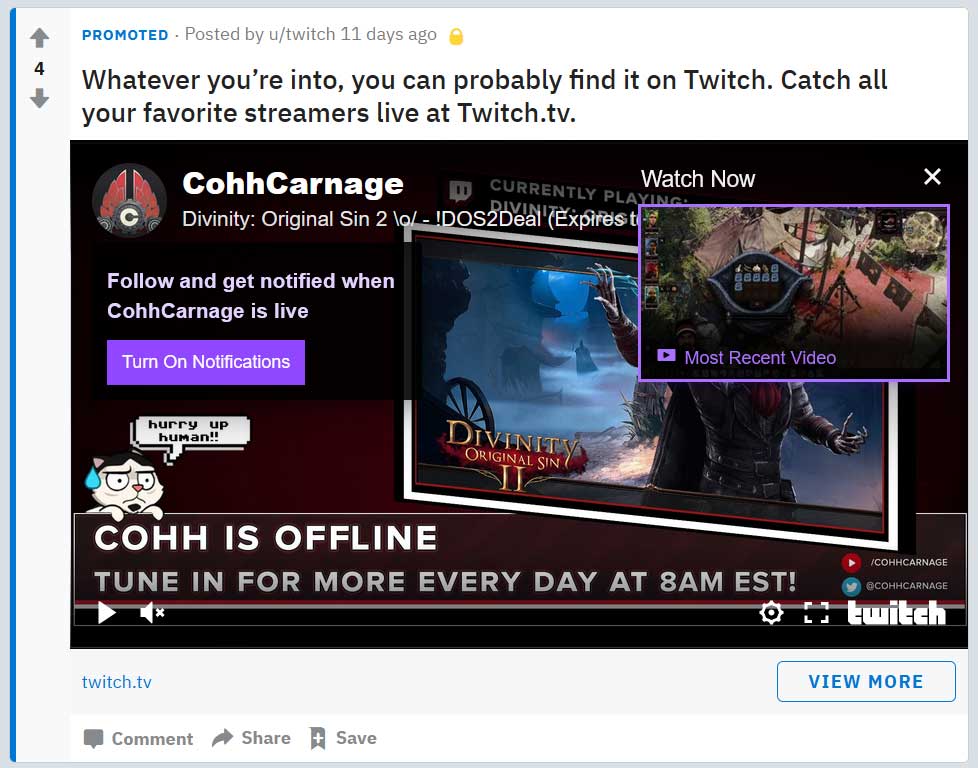 Twitch: Buying reddit ads to promote streamers