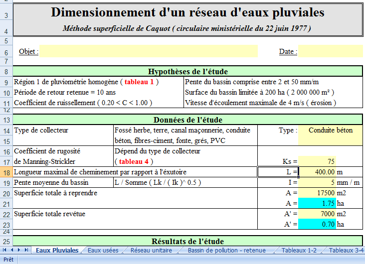 Calcul Bassin De Rétention Eaux Pluviales Xls Programme EXCEL pour la dimensionnement des réseaux d'assainissement