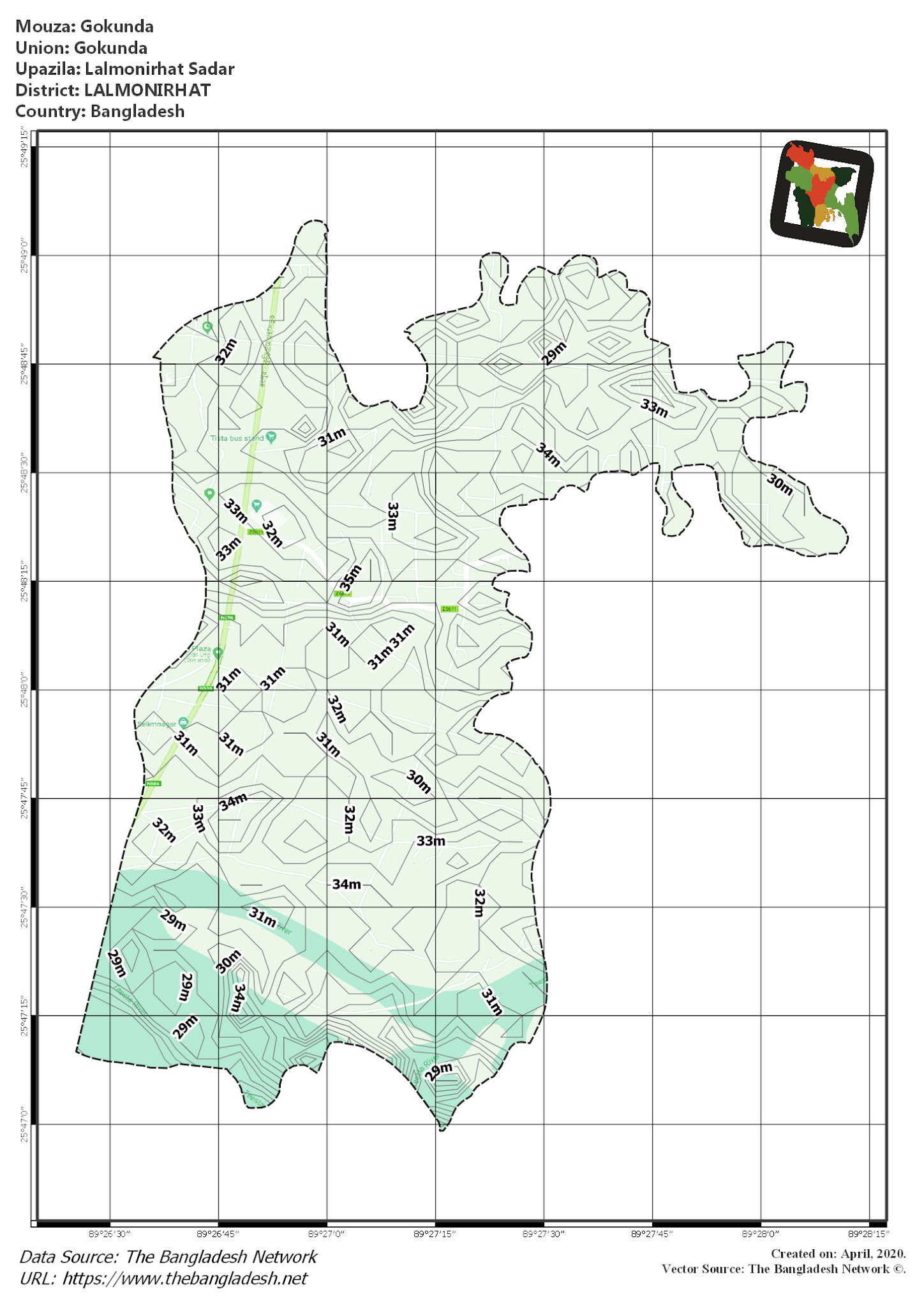 Map of Gokunda Mouza of Lalmonirhat Sadar Upazila, LALMONIRHAT, Bangladesh.