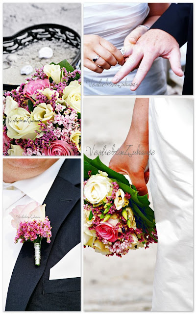 Trauung auf Norderney: Brautstrauß im Sand, der Ringaustausch und Blumenanstecker vom Bräutigam im Detail