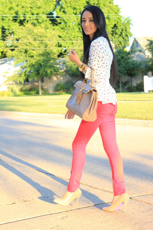 Peplum top and red jeans