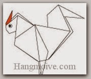 Bước 15: Vẽ mắt, tô mào đỏ để hoàn thành cách xếp con gà trống bằng giấy theo phong cách origami.