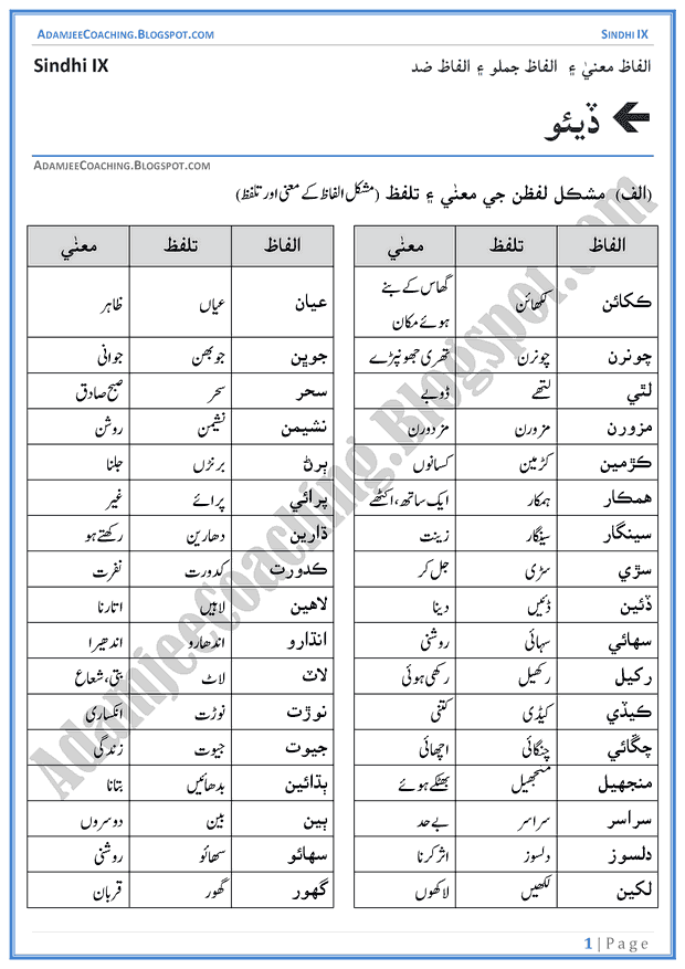 Adamjee Coaching Diya Words Meanings and Idioms Sindhi Notes for