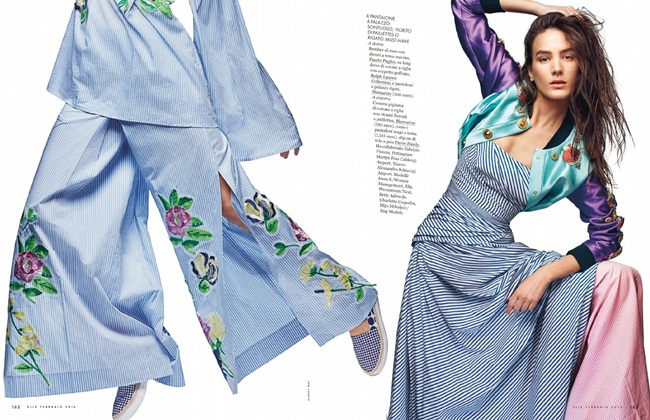 Elle Italia February 2016, Anna Shuttleworth、Charlotte Coquelin、Betty Adewole、Mijo Mihaljcic、Ella Wennström 2016 SS Blumarine Striped Cotton Poplin Mini Short Dress With Wide Leg Trousers Editorials