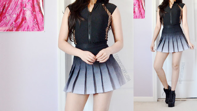 Romwe Fashion Review: Choker Crop Top + 2-Piece Swim Set Details on the 2-piece black rash guard zip up cutout swim set from Romwe, worn with an American Apparel ombre printed tennis skirt and black platform booties.