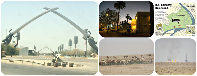 Pictures / Iraq / https://winedineandplay.blogspot.com/p/pictures_6.html Swords of Qādisīya, Night time in Baghdad, Camels in the desert, Oil fields in Basrah, Iraq