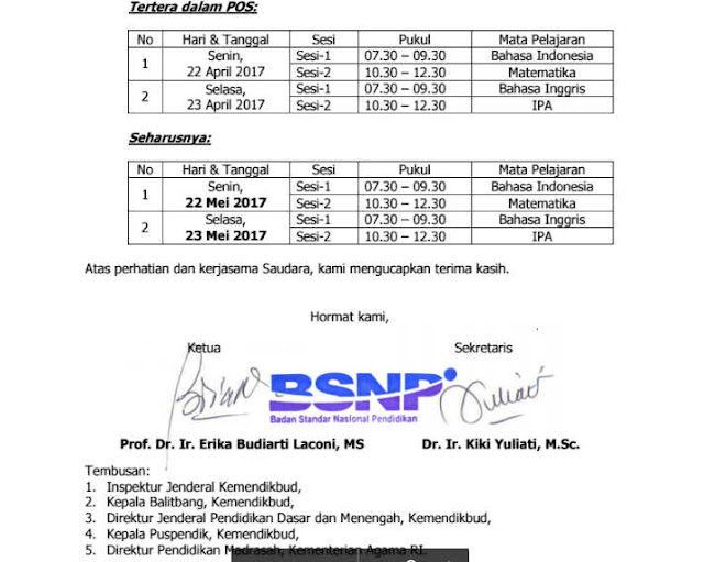 Perubahan Jadwal UN 2017 untuk Ujian Susulan dari BSNP PDF sudah direlease BNSP beberapa minggu kebelakang Perubahan Jadwal UN 2017 untuk Ujian Susulan dari BSNP PDF
