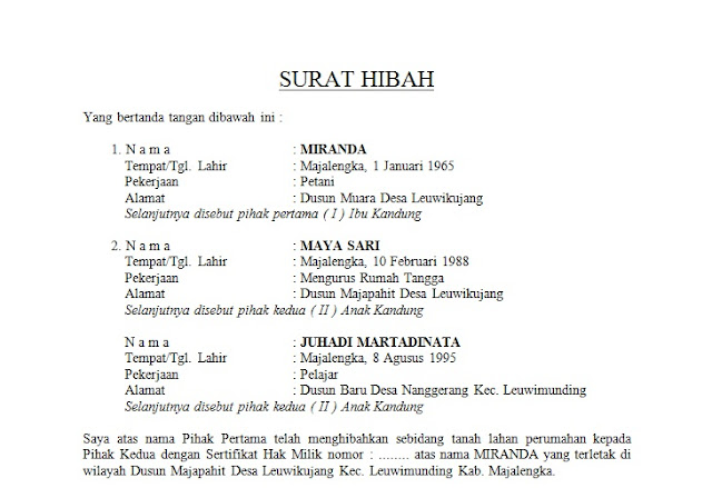 Contoh Surat Hibah Wang