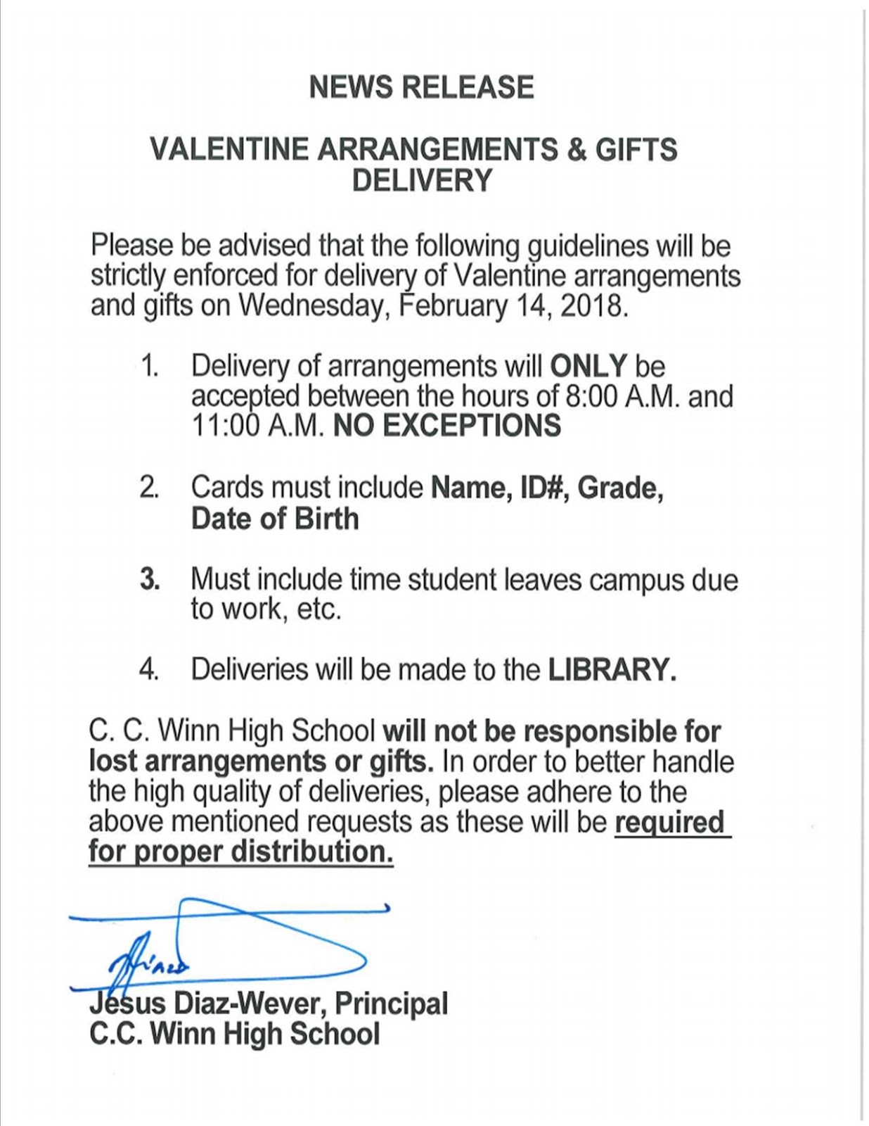 Eagle Pass ISD iVision Winn Valentine's Day Delivery Guidelines