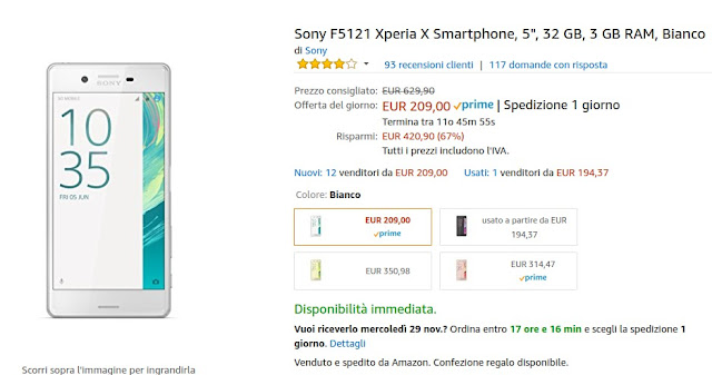 Offerta Amazon Cyber Monday: Sony Xperia X in offerta a 209 euro venduto e spedito da Amazon