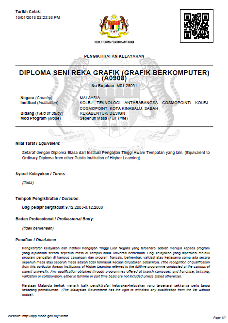 Sijil pengiktirafan MQA untuk Diploma Seni Reka Grafik di Cosmopoint cawangan Sabah