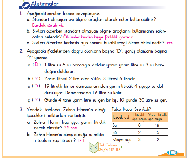 3. Sınıf Berkay Yayınları Matematik Ders Kitabı 199.Sayfa Cevapları Sıvıları Ölçelim 3. Sınıf Berkay Yayınları Matematik Ders Kitabı 199.Sayfa Cevapları Sıvıları Ölçelim