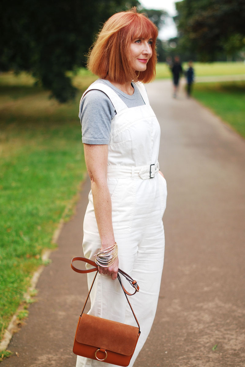 How to style white dungarees in the summer: Grey marl t-shirt, white shoes, tan crossbody bag (great for redheads) | Not Dressed As Lamb