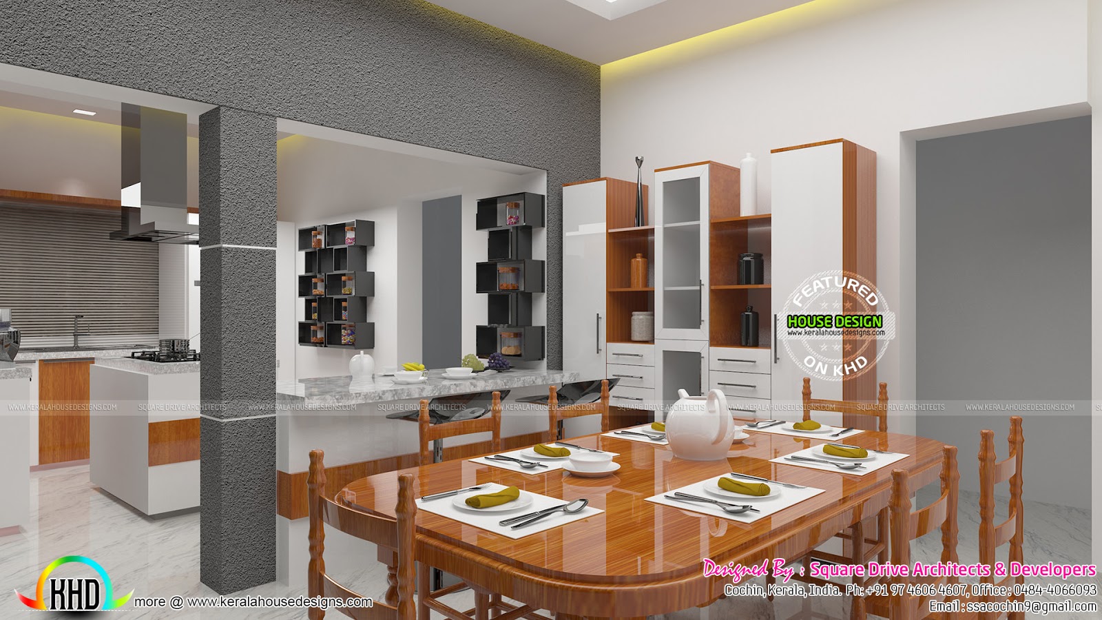 Open kitchen with dining and bedroom interior - Kerala home design and