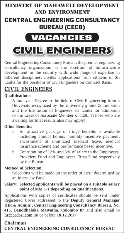 [Vacancies] Civil Engineers – Central Engineering Consultancy Bureau