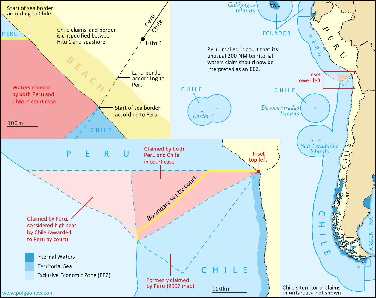 Map of Chile and Peru's territorial waters and exclusive economic zones (EEZ), plus the details of their territorial dispute at sea and disagreement of the land border. Shows the results of the Jan. 27, 2014 ruling by the International Court of Justice (ICJ) settling the dispute.