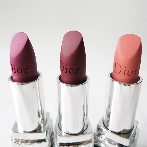 Rouge Dior lipstick in 897 Mysterious Matte, 964 Ambitious Matte, and 136 Delicate Matte