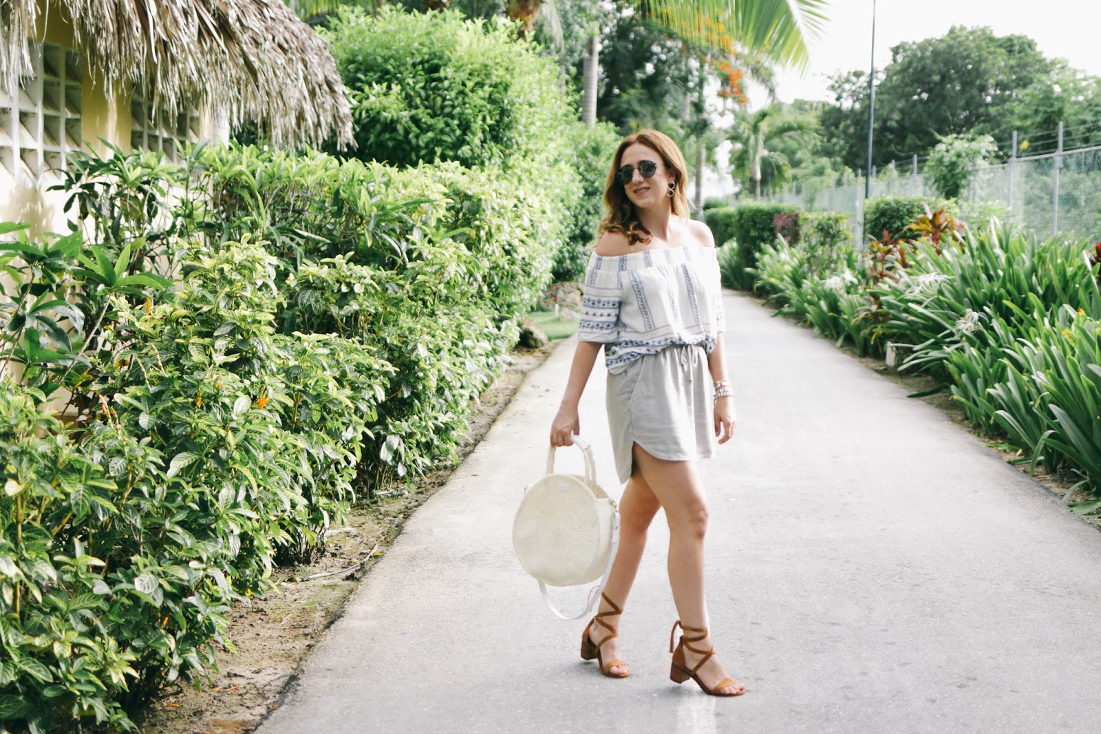 south moon under, outfit, travel style, travel outfit, punta cana, dominican republic, travel blogger, dreams resort, review, off the shoulder, lace up sandals, clare V bag, dc blog, blogger, style blog, fashion blog, inspo