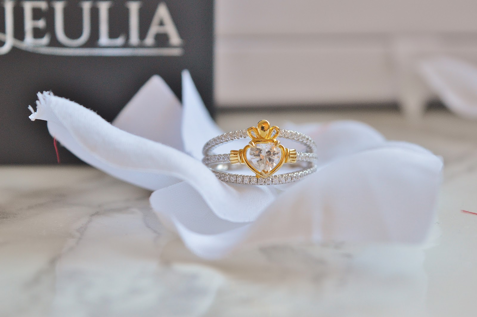 Jeulia Two Tone Claddagh Heart Cut Created White Sapphire Engagement Ring