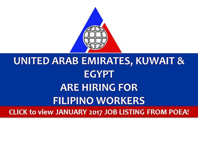 The following are jobs approved by POEA for deployment to United Arab Emirates, Egypt and Kuwait. Job applicants may contact the recruitment agency assigned to inquire for further information or to apply online for the job.  We are not affiliated to any of these recruitment agencies.   As per POEA, there should be no placement fee for domestic workers and seafarers. For jobs that are not exempted on placement fee, the placement fee should not exceed the one month equivalent of salary offered for the job. We encourage job applicant to report to POEA any violation on this rule.